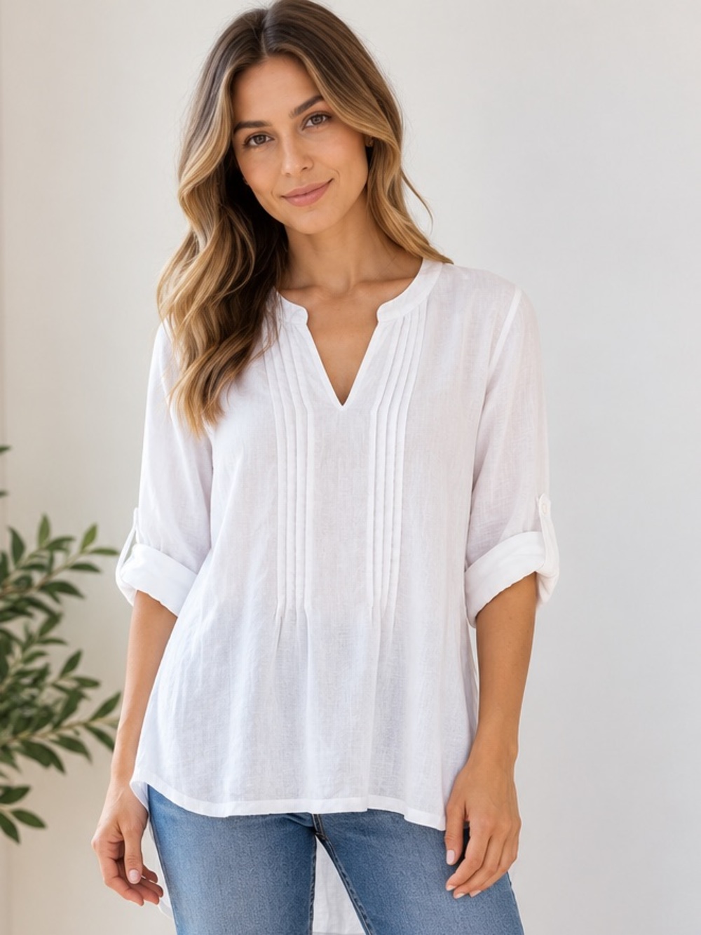 Cynthia Rowley 100% Linen White Tunic Top Roll Up Sleeves sz Medium